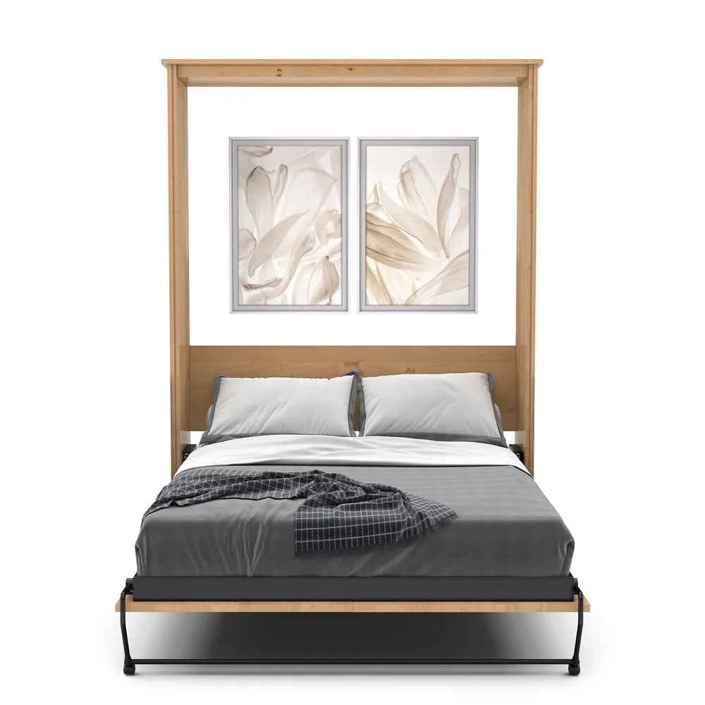 Murphy Door® wooden four-post bed frame with gray bedding and dual floral artwork in silver frames mounted above the headboard.