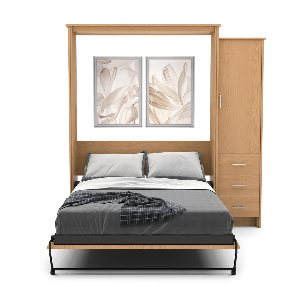Murphy Door® wall bed with oak frame, built-in wardrobe, gray bedding, and decorative floral artwork above the headboard.