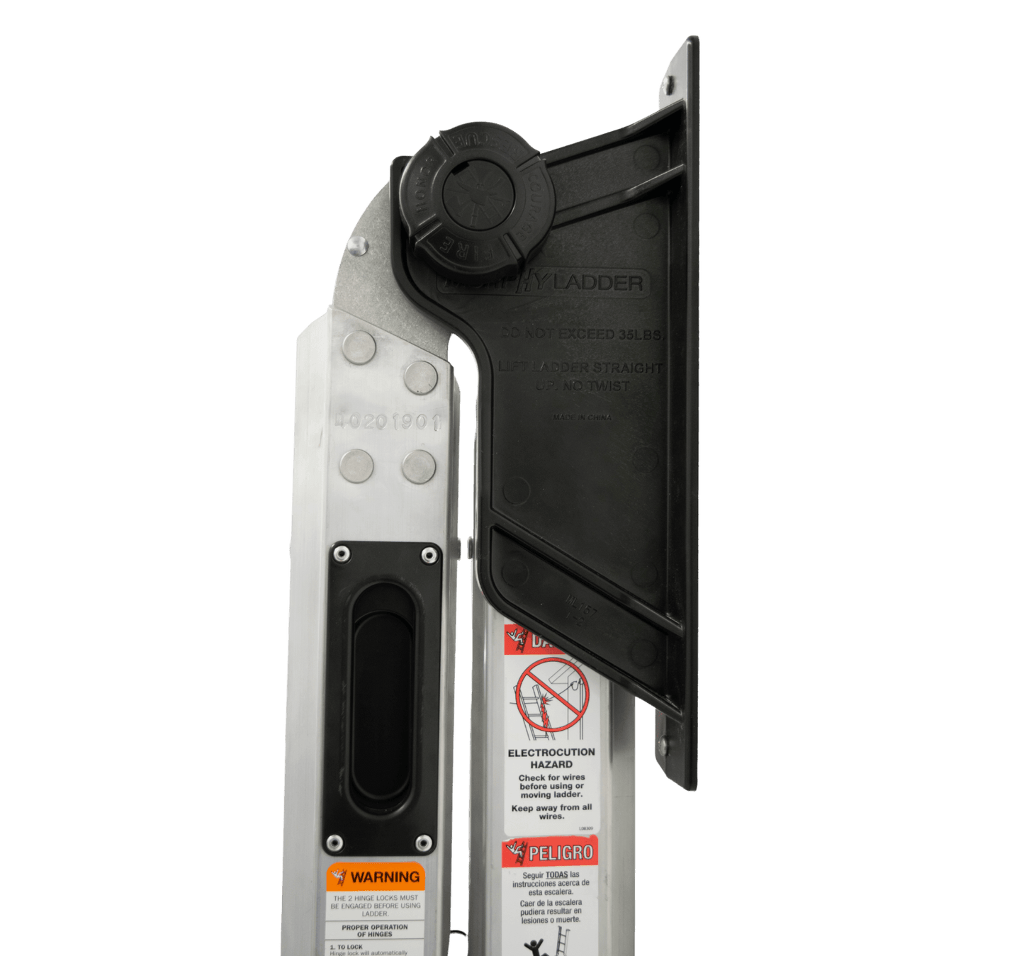 Murphy Door® ladder safety mechanism with black locking component on aluminum frame, featuring warning labels for electrocution hazards.