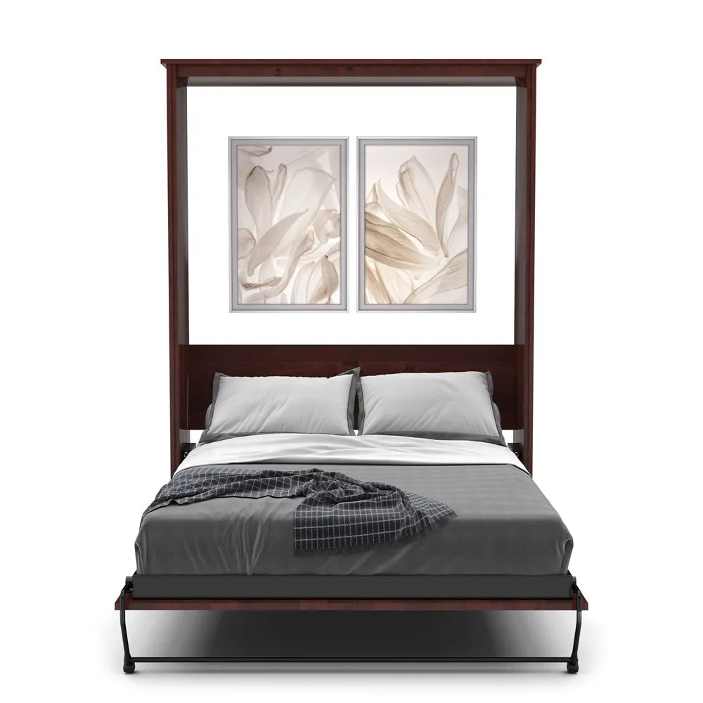 Murphy Door® wooden canopy bed with dark finish, gray bedding, and dual framed floral artwork above the headboard.