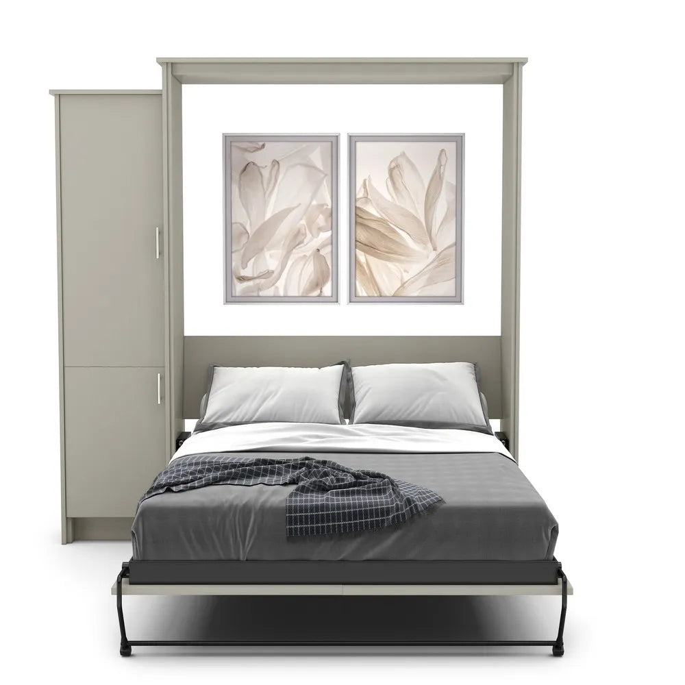 Murphy Door® wall bed with integrated storage cabinet in light gray, featuring decorative floral artwork and gray/white bedding.