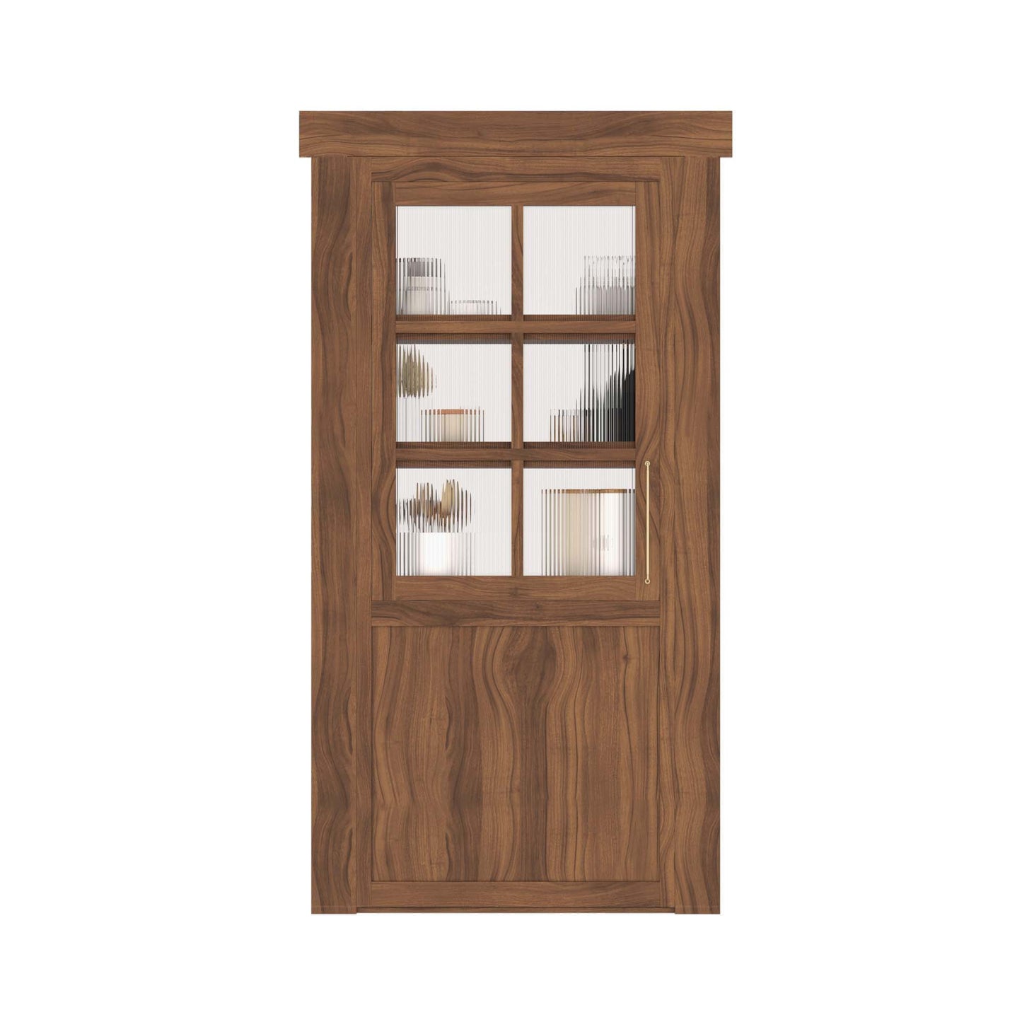 Murphy Door® wooden walnut door with six-pane textured glass window panels and elegant handle, featuring a Dutch door design.