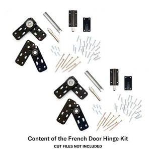 Murphy Door® French Door Hinge Kit with black metal brackets, hardware, and installation screws for DIY hidden door projects.