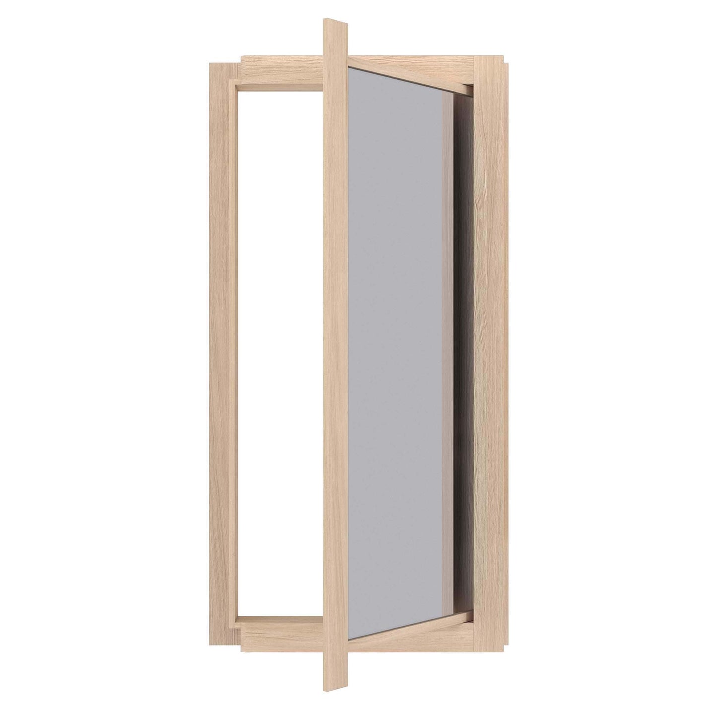 Murphy Door® light wood framed mirror door, partially open to reveal hidden storage solution with minimalist Scandinavian design.