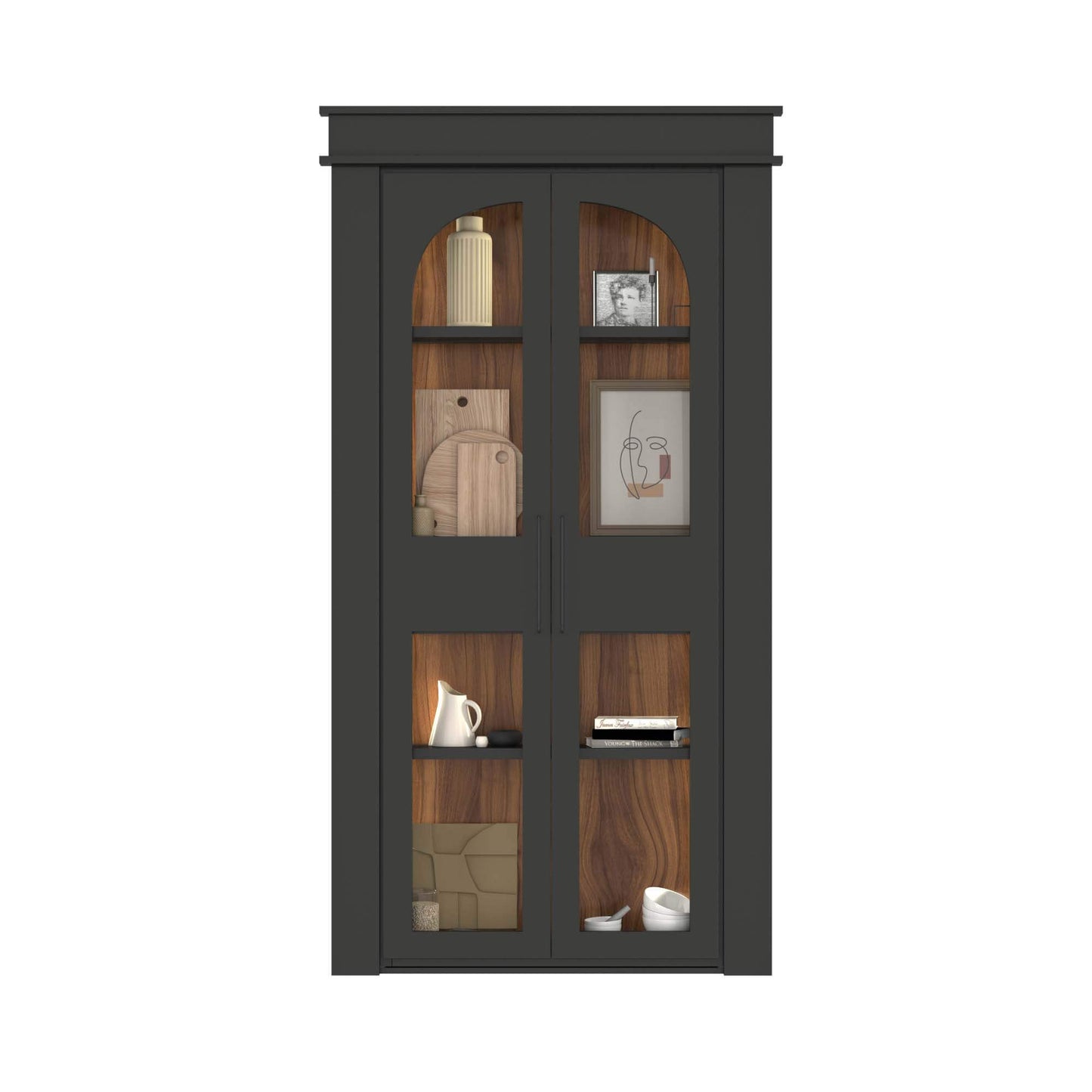 Murphy Door® black display cabinet with glass doors, wooden interior shelving, and decorative items including vases, artwork, and books.