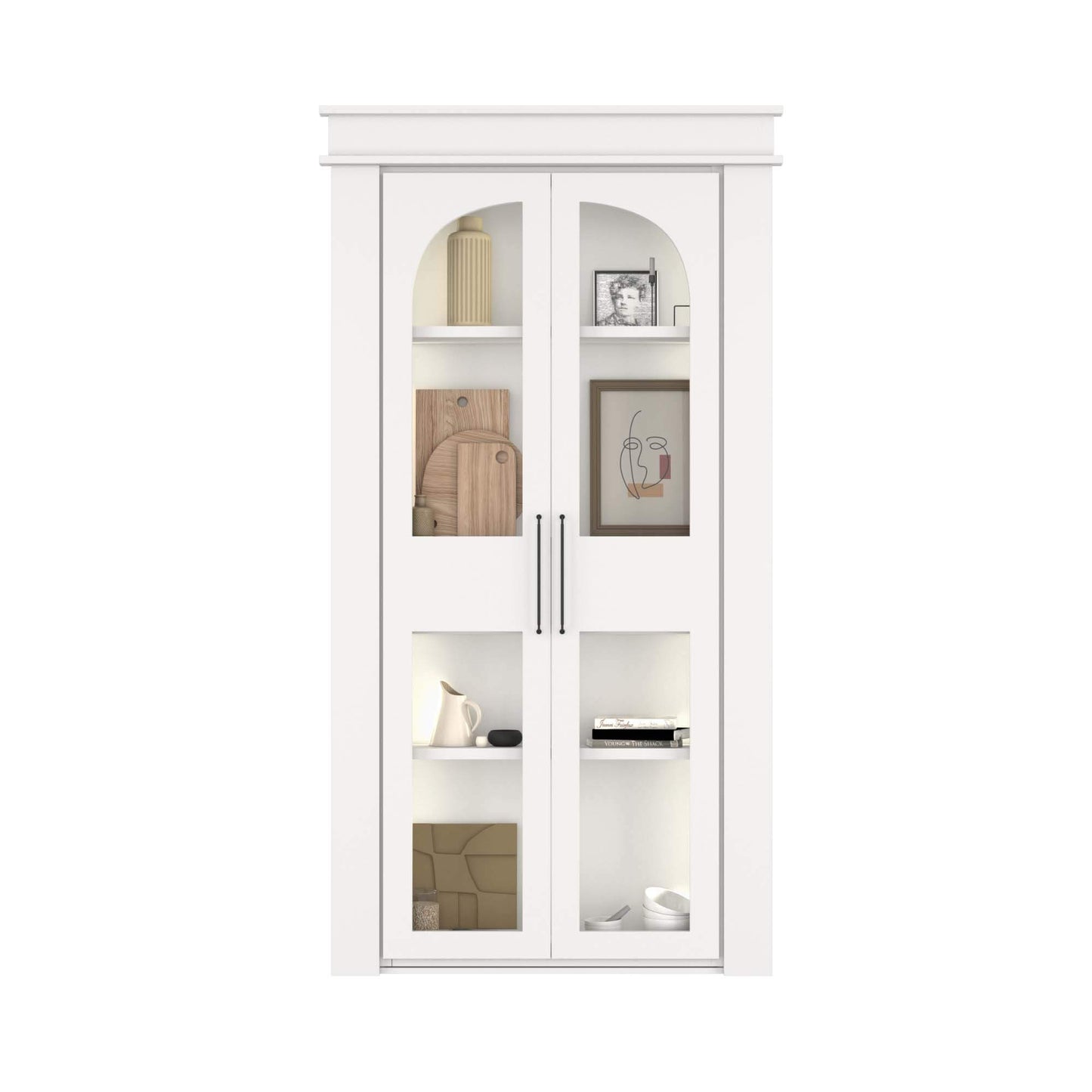 Murphy Door® white cabinet with glass doors displaying decorative items, wooden cutting boards, and minimalist artwork.