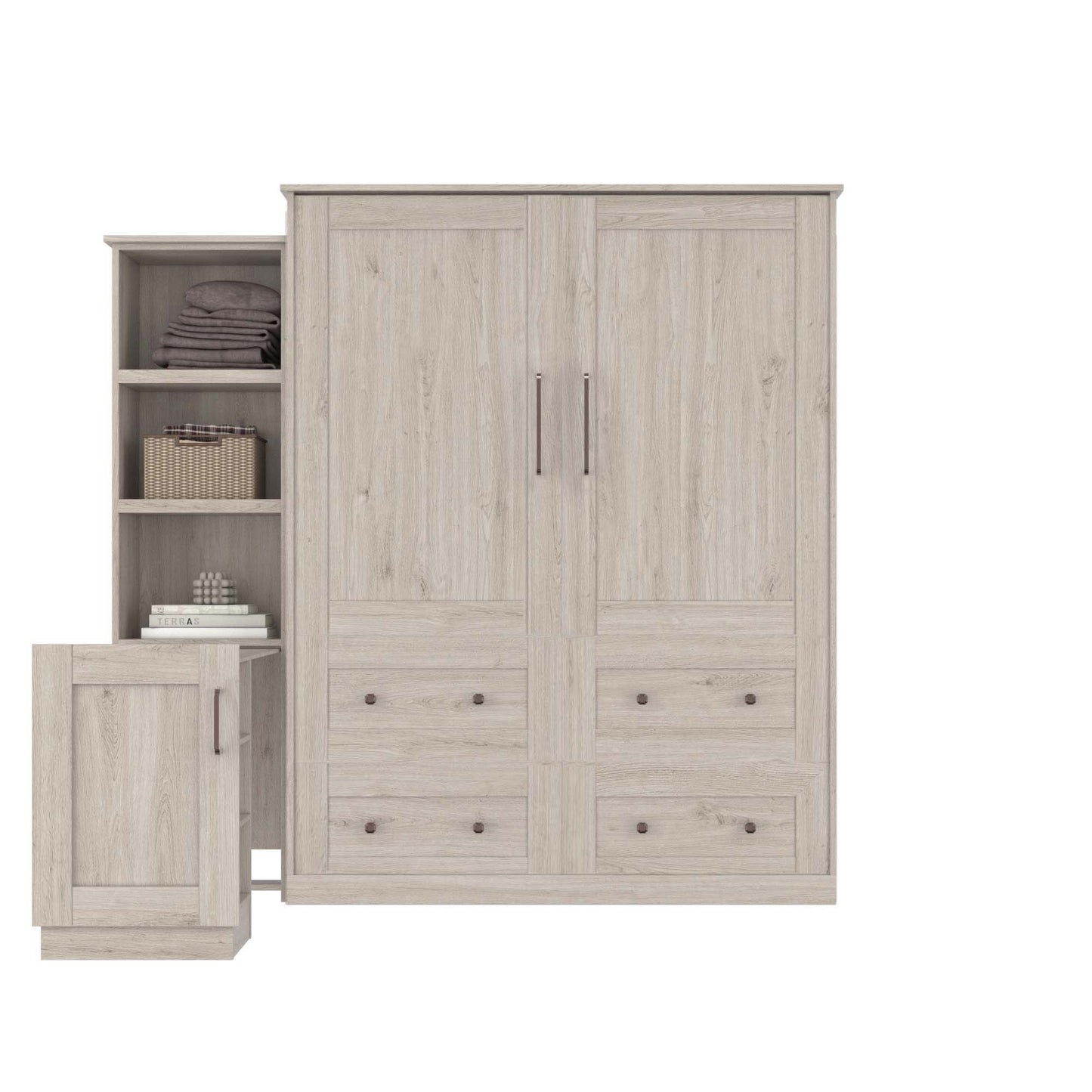 Murphy Door® light wood storage cabinet with dual doors, drawers, and integrated bookshelf in contemporary style.
