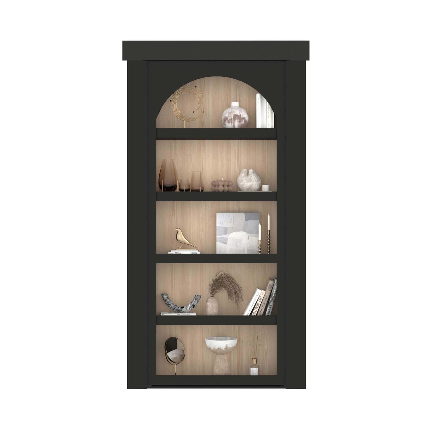 Murphy Door® bookshelf with black frame, light wood backing, and decorative items displayed on five shelves in minimalist style.