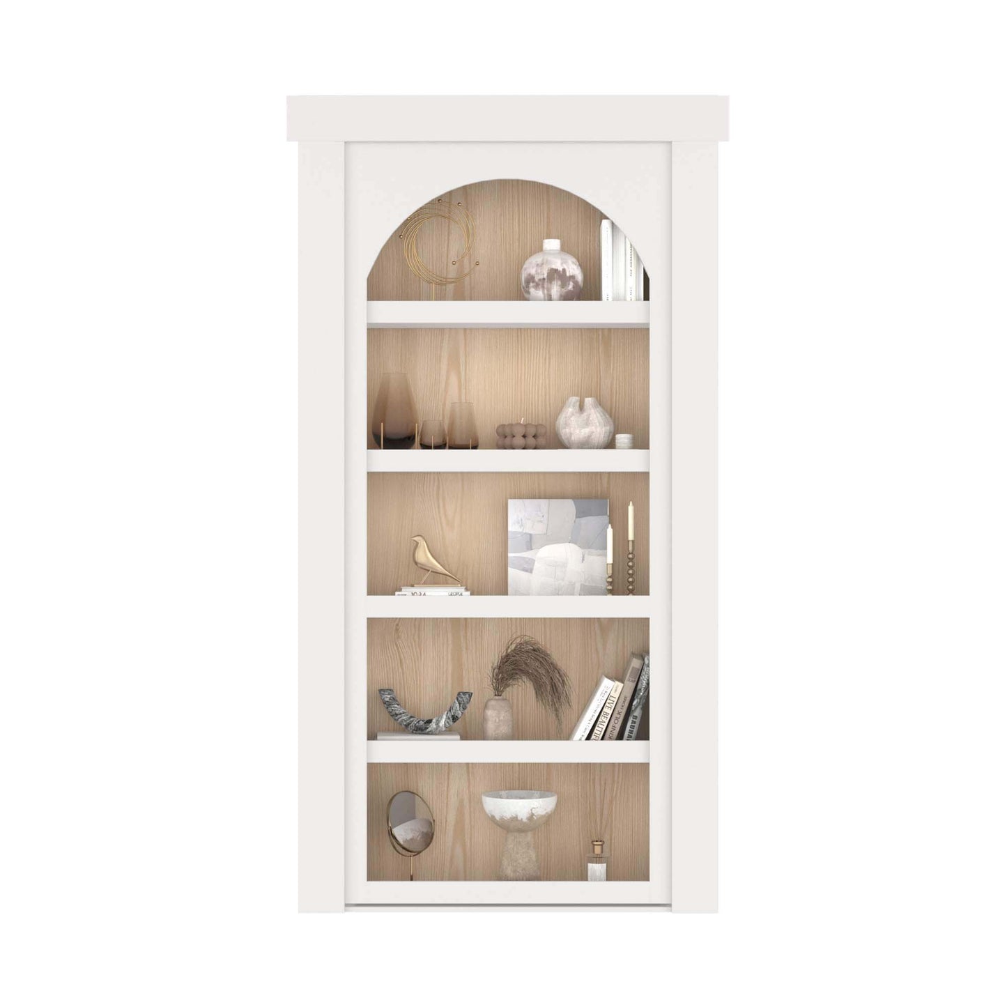 Murphy Door® white bookshelf with arched top, featuring five shelves displaying decorative items against natural wood backing.