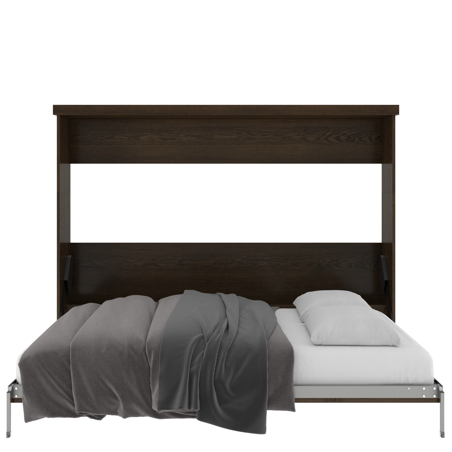Murphy Door® wall bed with dark wood frame, partially folded down showing gray bedding and white pillow.