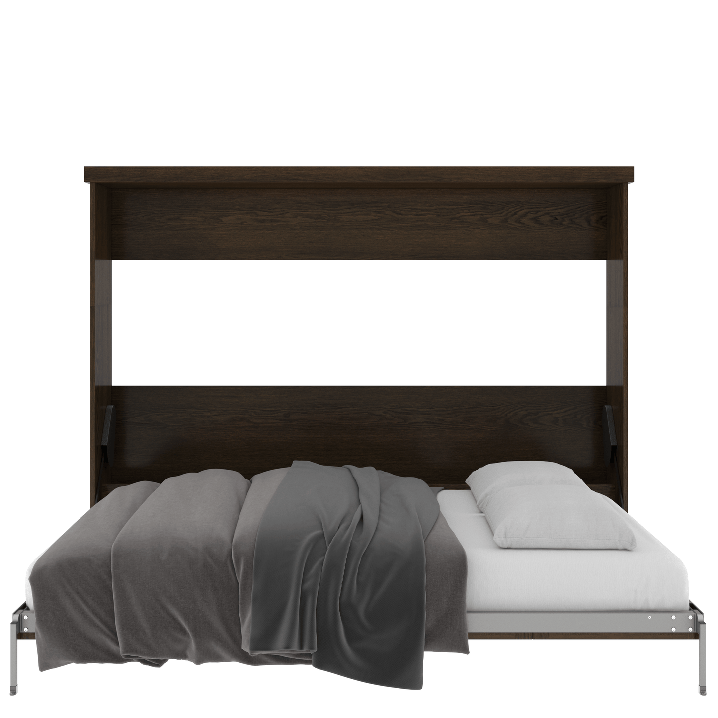 Murphy Door® wall bed with dark wood frame, partially folded down showing gray bedding and white pillow.
