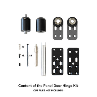Murphy Door® Panel Door Hinge Kit components including black cylinders, metal brackets, screws, and mounting plates for hidden door installation.