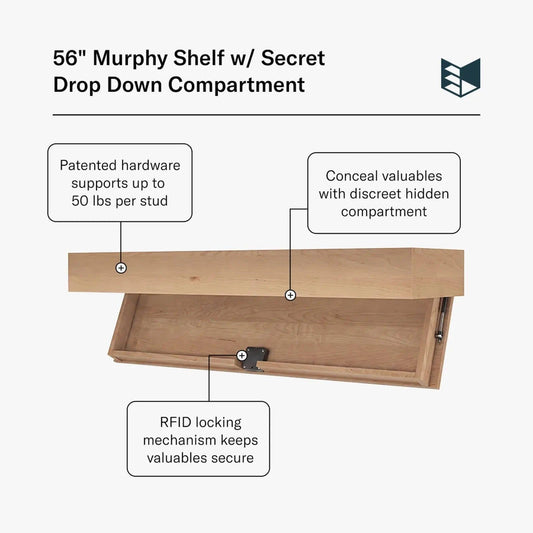 Murphy Door® 56" Murphy Shelf w/ Secret Drop Down Compartment: light wood floating shelf with hidden RFID-locked compartment.