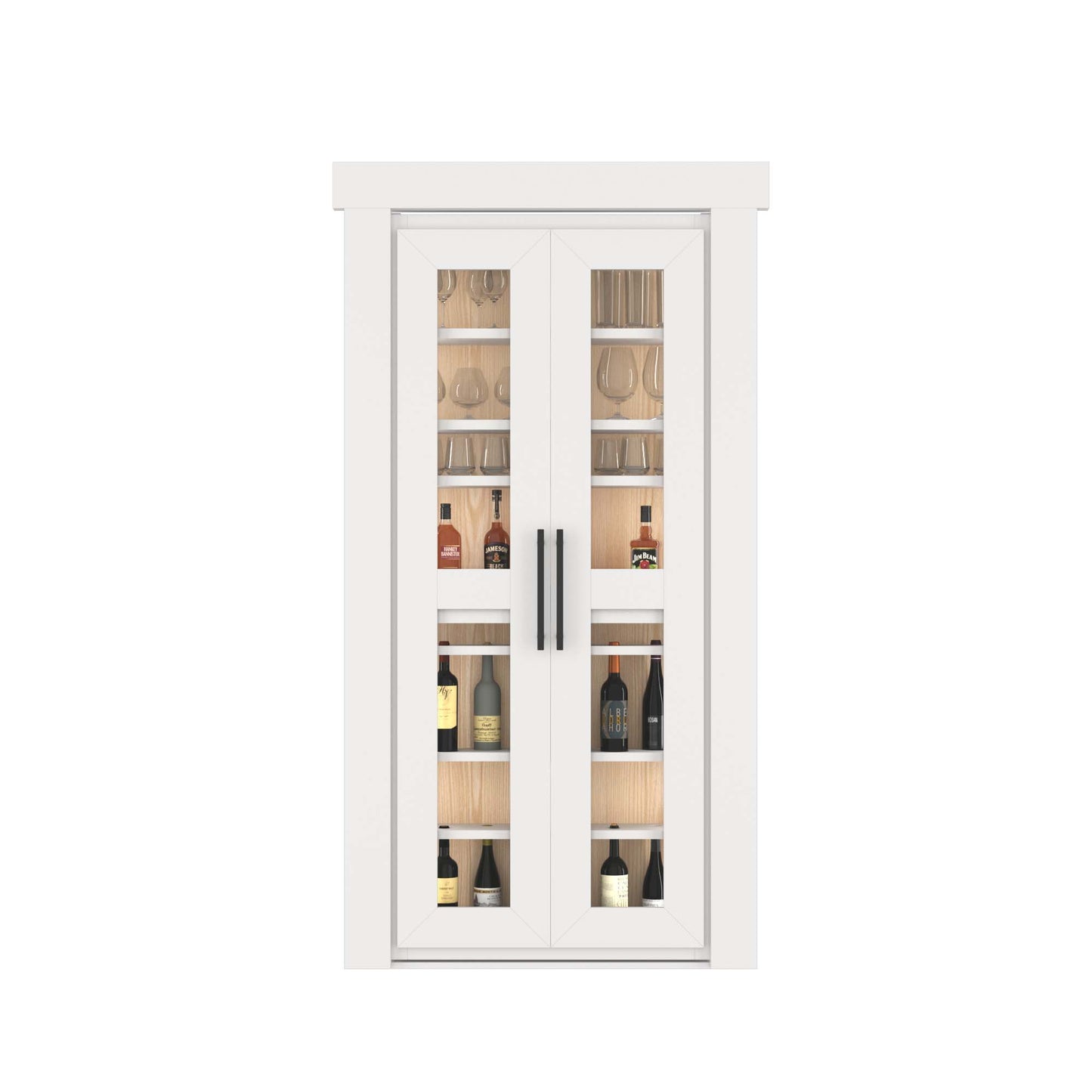 Murphy Door® white double glass cabinet doors displaying wine bottles and glassware with wooden interior shelving and black handles.