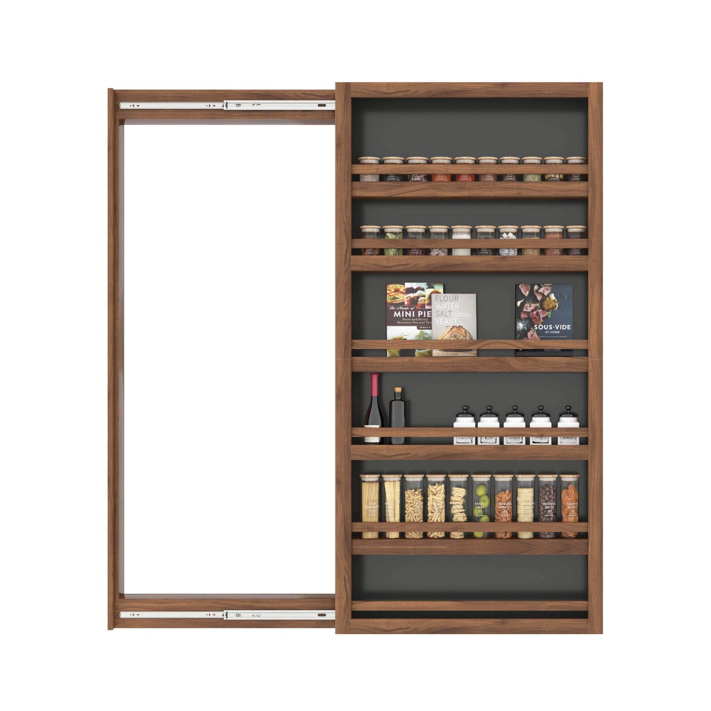 Murphy Door® pull-out wooden spice rack with sliding shelves, featuring organized spice jars, cookbooks, and pantry items in warm walnut finish.