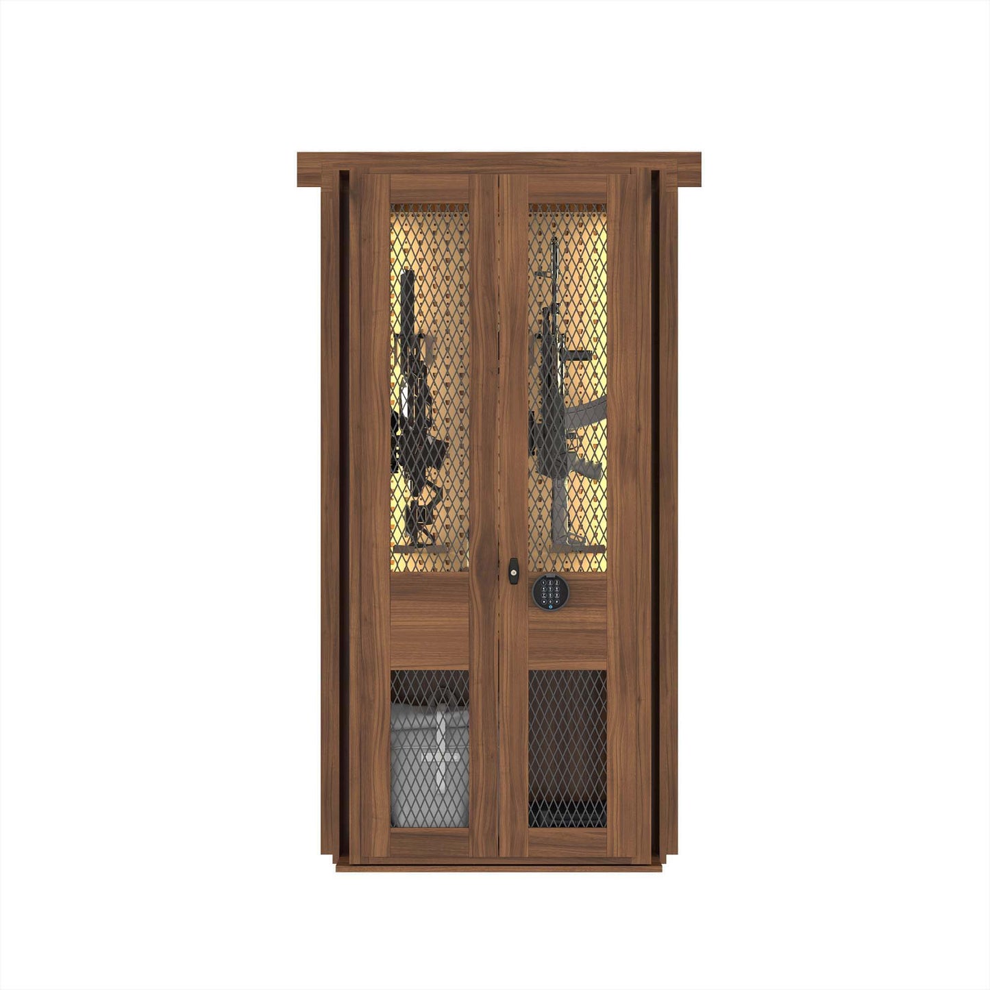 Murphy Door® wooden gun cabinet with mesh panels, digital lock, and walnut finish for secure firearm storage.