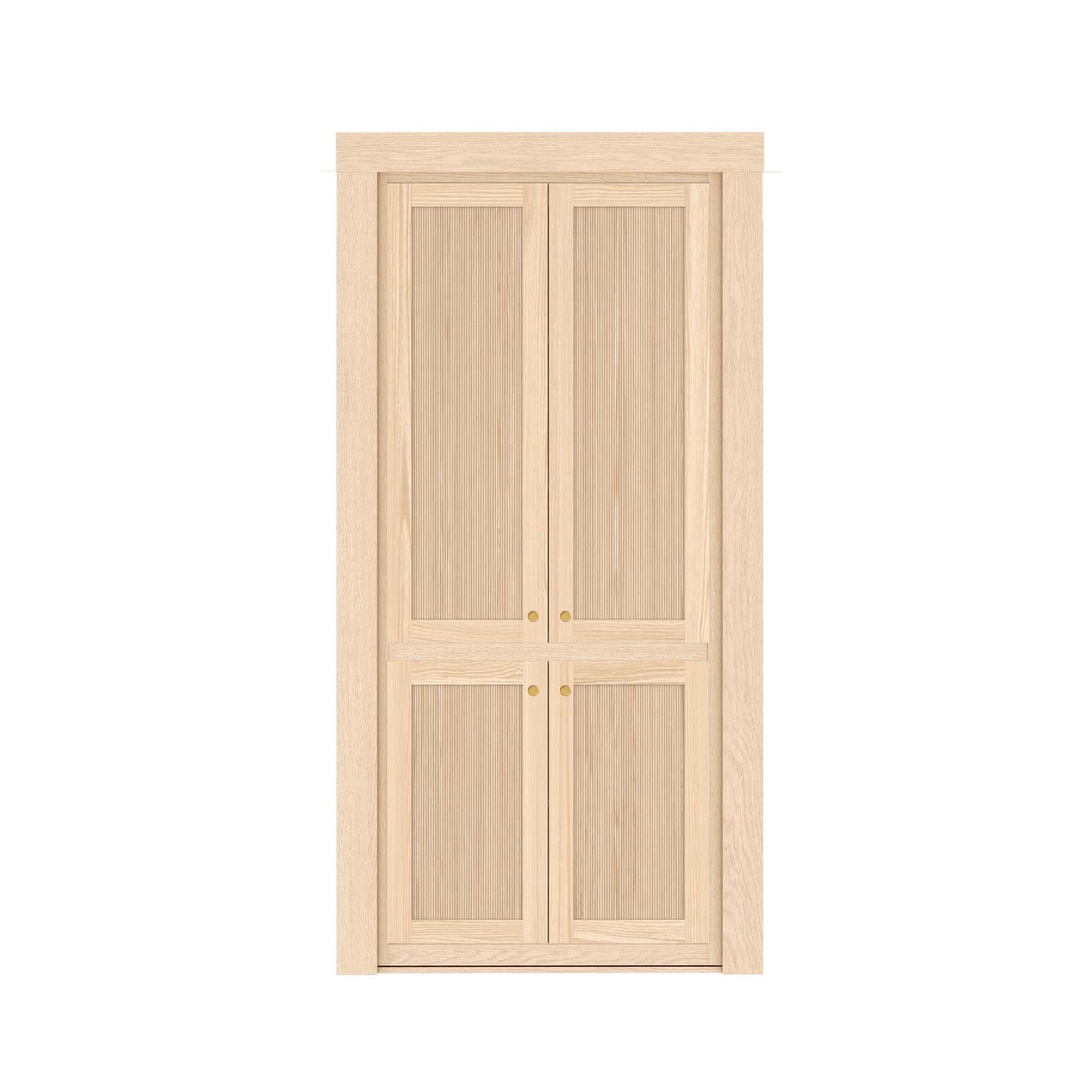 Murphy Door® light oak bifold door with vertical ribbed panels and small brass knobs, featuring a minimalist design.