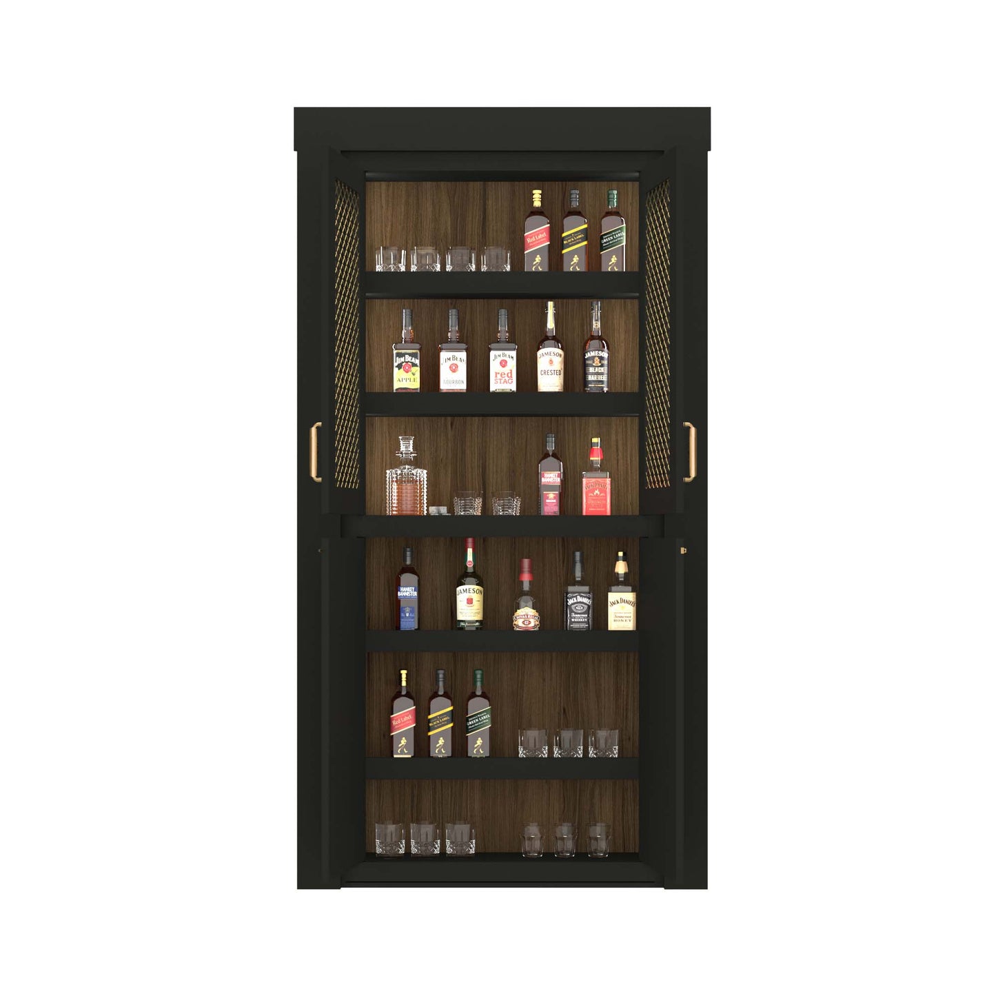 Murphy Door® liquor cabinet with dark frame, wooden interior shelving, and brass handles displaying various spirits and glassware.