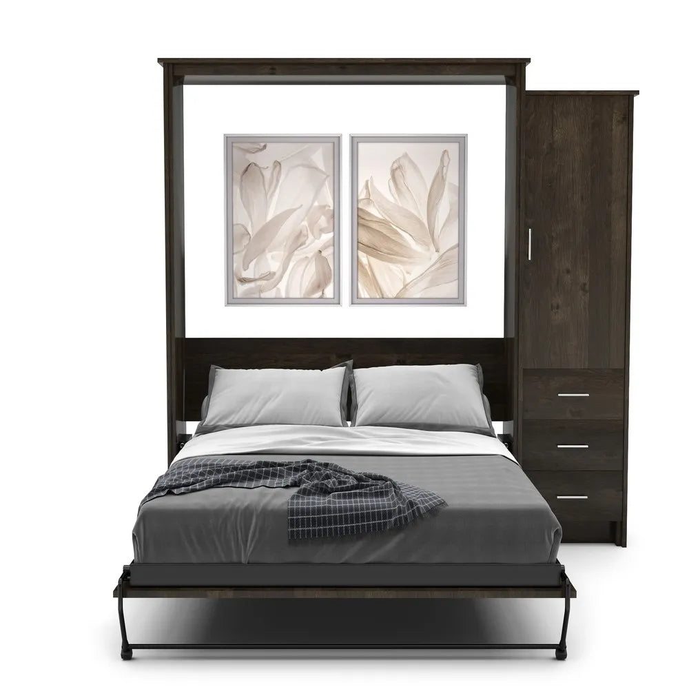 Murphy Door® queen wall bed with dark wood finish, side storage cabinet, and floral artwork displayed above the gray bedding.