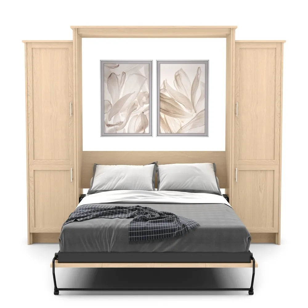 Murphy Door® wall bed system with light wood frame, gray bedding, and dual floral artwork, featuring side storage cabinets.