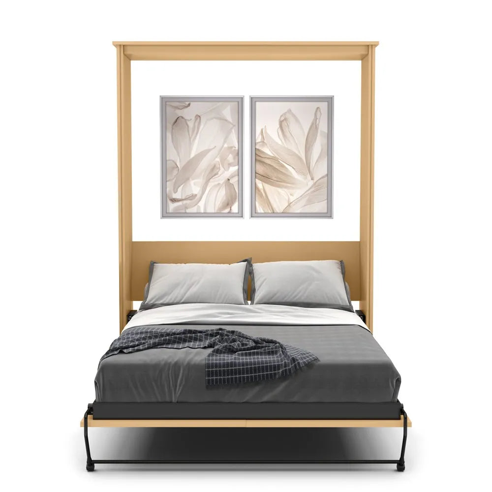 Murphy Door® elegant bed frame with wooden canopy, gray bedding, and floral artwork above in silver frames.