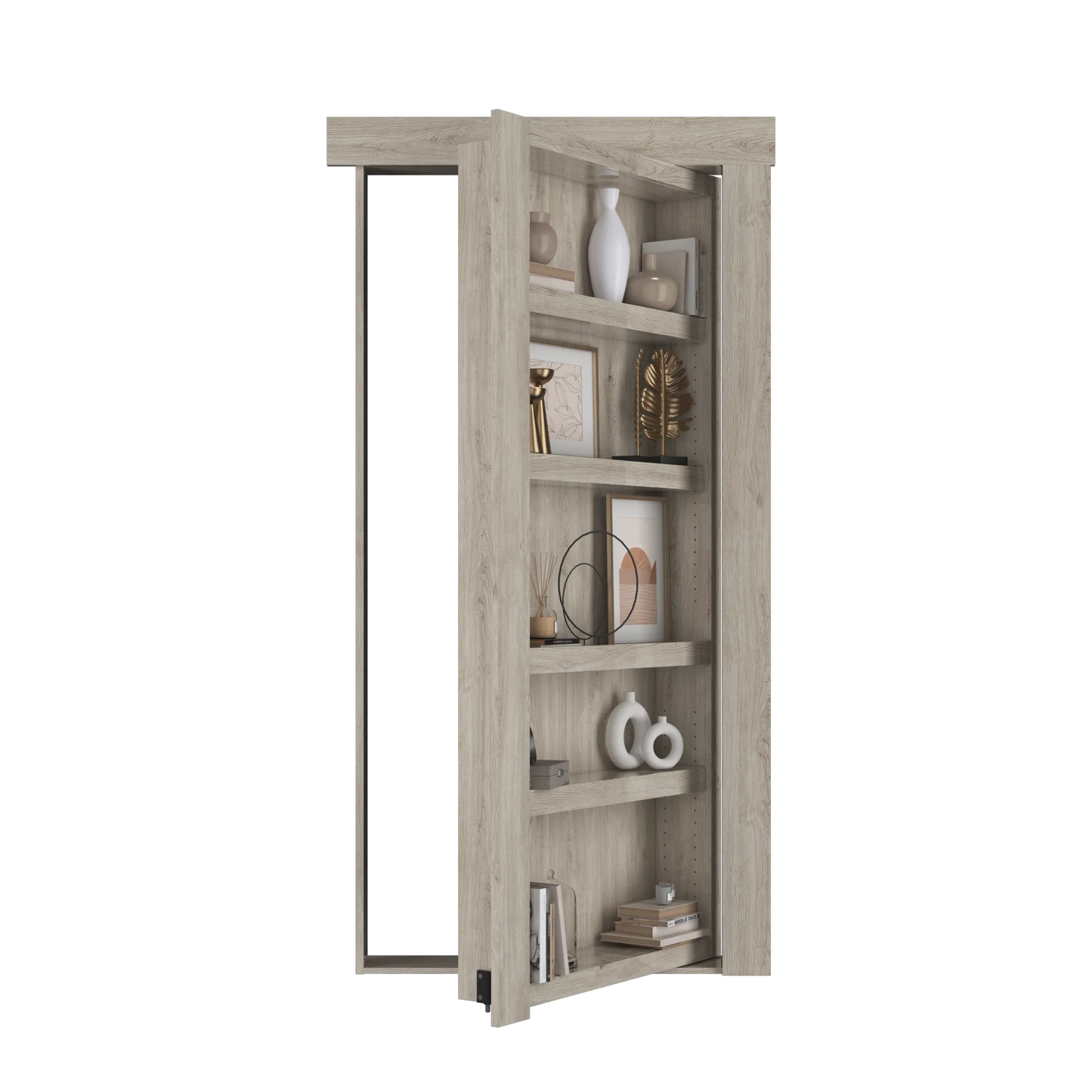 Murphy Door® bookshelf hidden door in light oak finish, partially open to reveal decorative shelving with neutral home accessories.