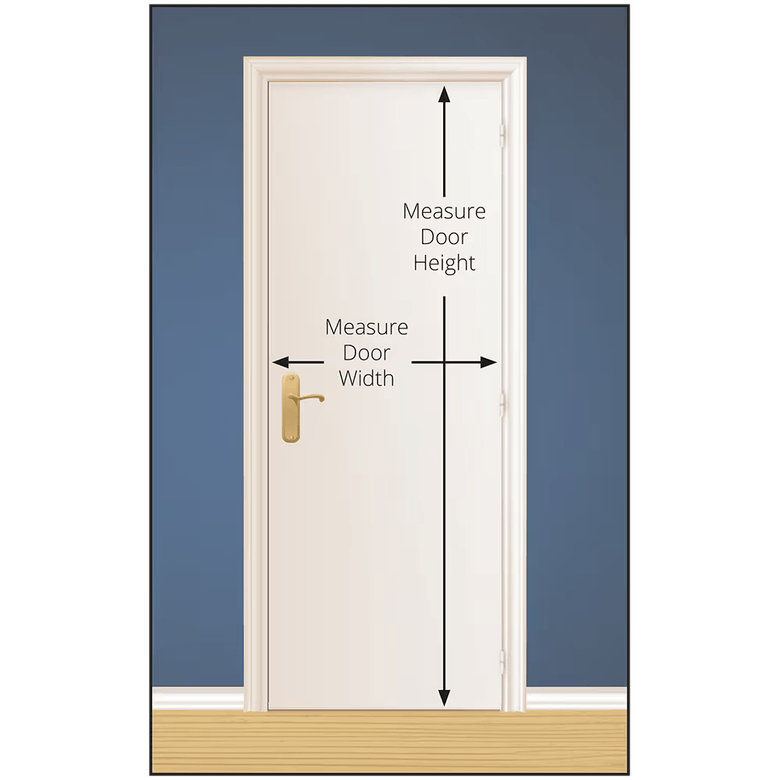White interior door with gold handle showing measurement guidance for door width and height against blue wall.