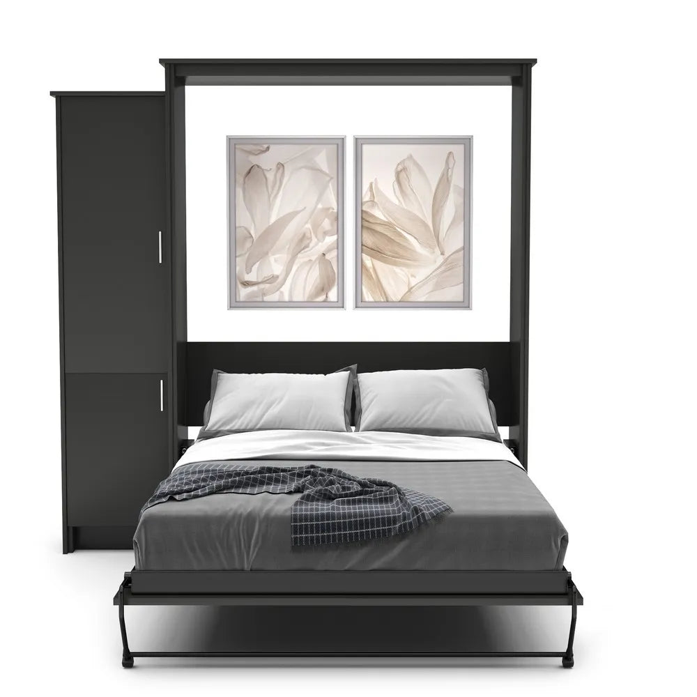 Murphy Door® modern wall bed with dark frame, attached storage cabinet, gray bedding, and floral artwork displayed above the headboard.