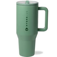 Green insulated travel mug with handle from Murphy Door®, featuring vertical logo branding on the side.