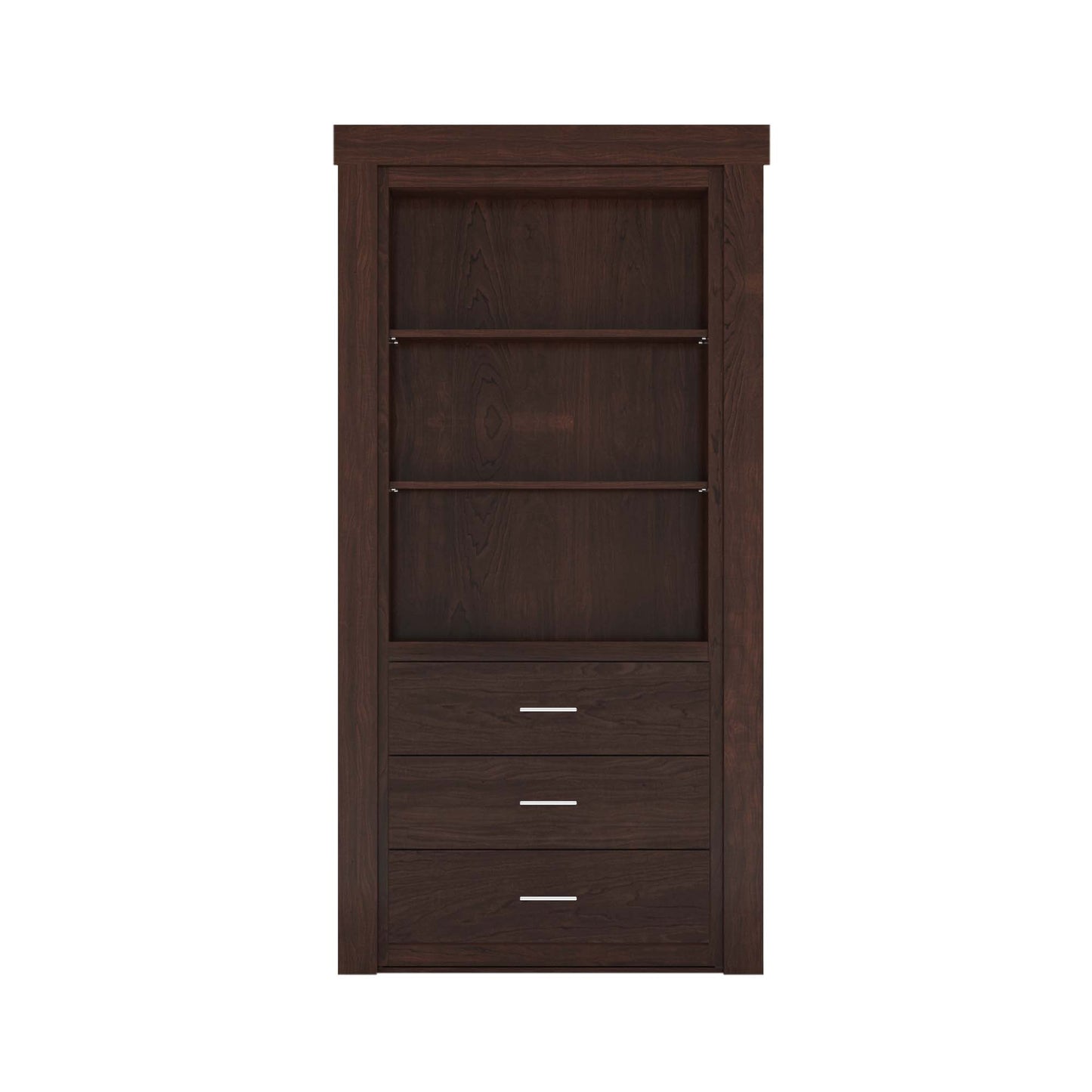 Murphy Door® dark wood bookcase with two adjustable shelves and three lower storage drawers.