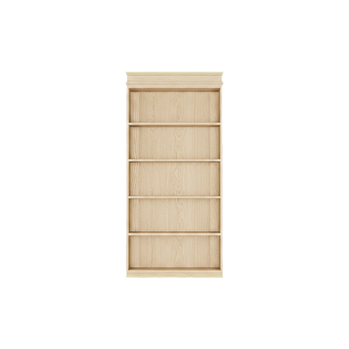 Murphy Door® light wood empty bookcase with five shelves and a traditional molded top.