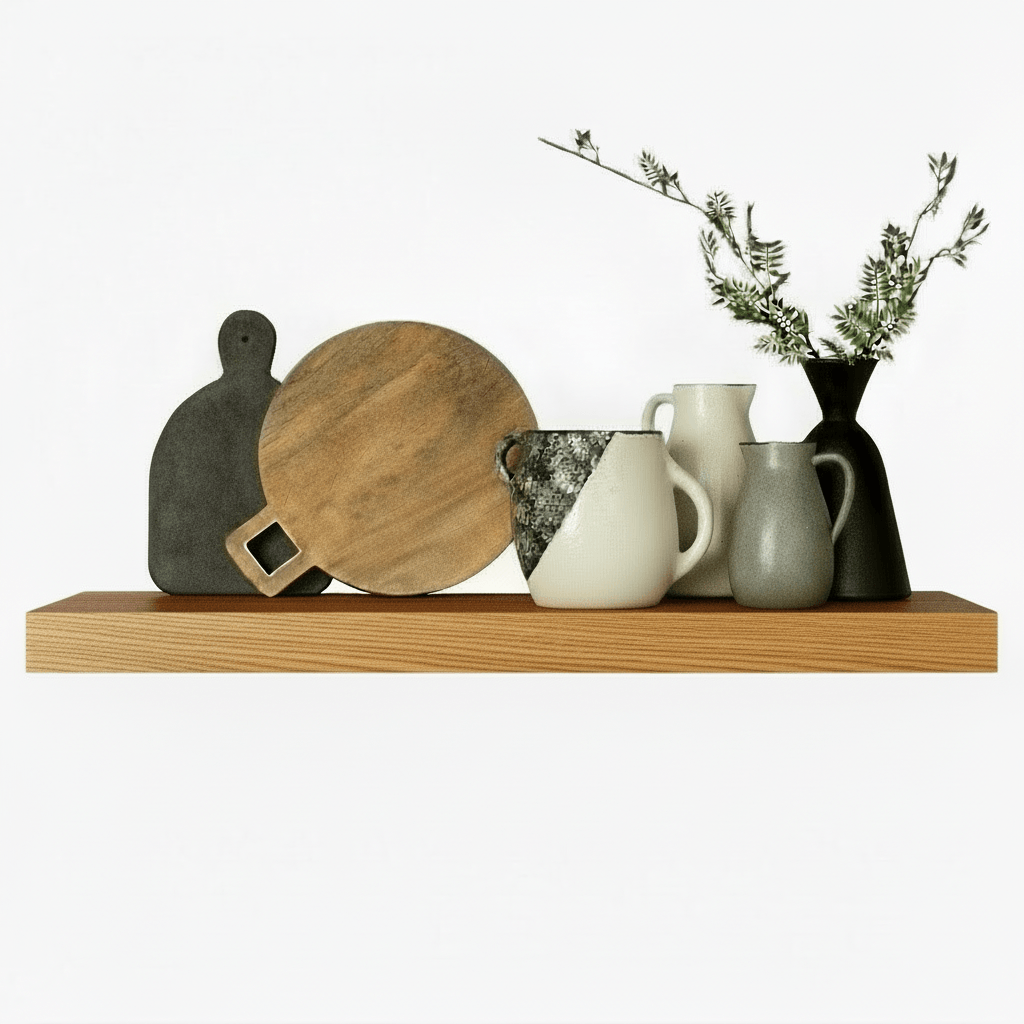Murphy Door® floating wooden shelf with modern ceramic pitchers, a vase, cutting boards, and a mug.