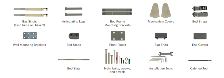 Murphy Door® wall bed components including gas struts, brackets, hardware, slats, and installation tools for DIY assembly.