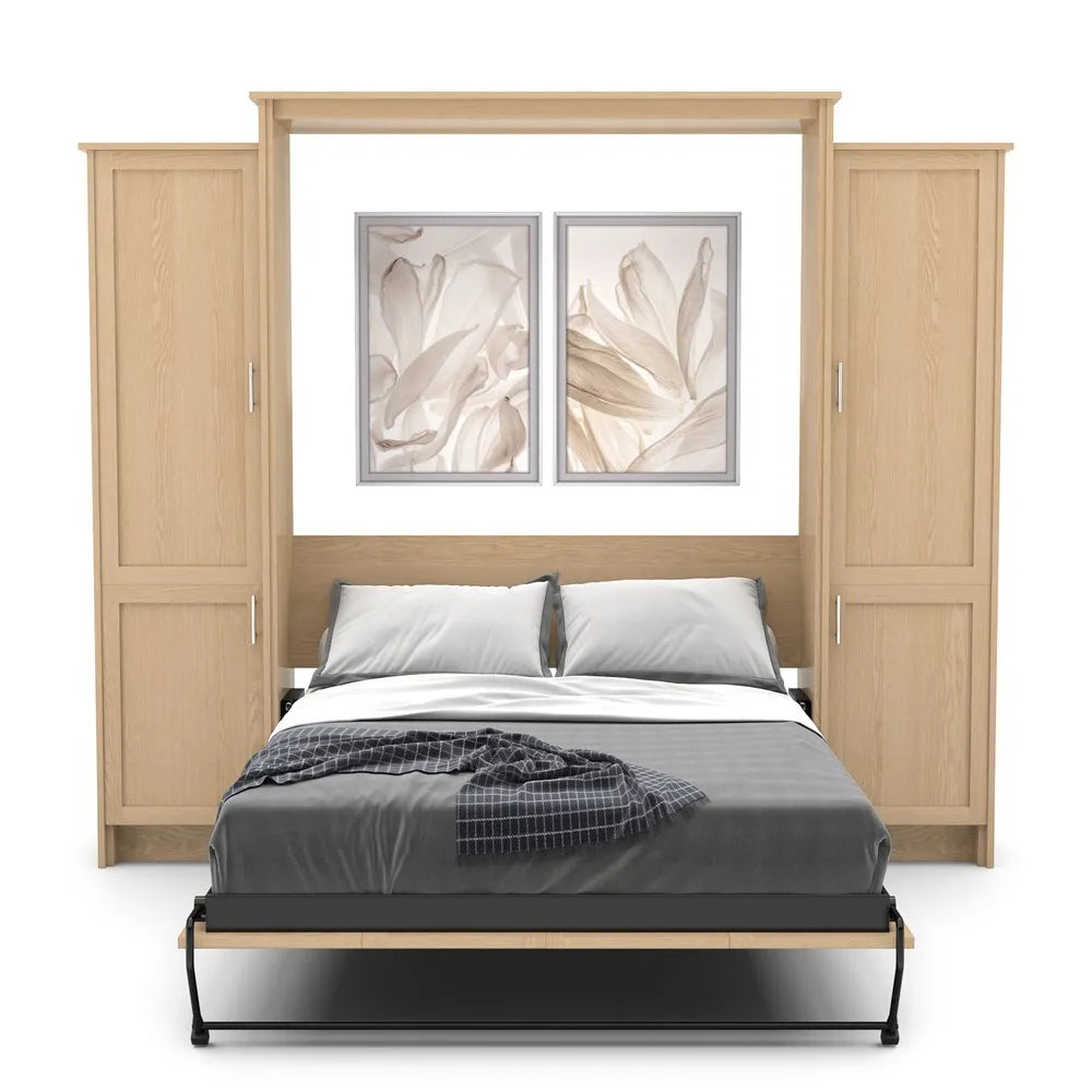 Murphy Door® wall bed with light oak frame, gray bedding, white pillows, and floral artwork above the headboard.