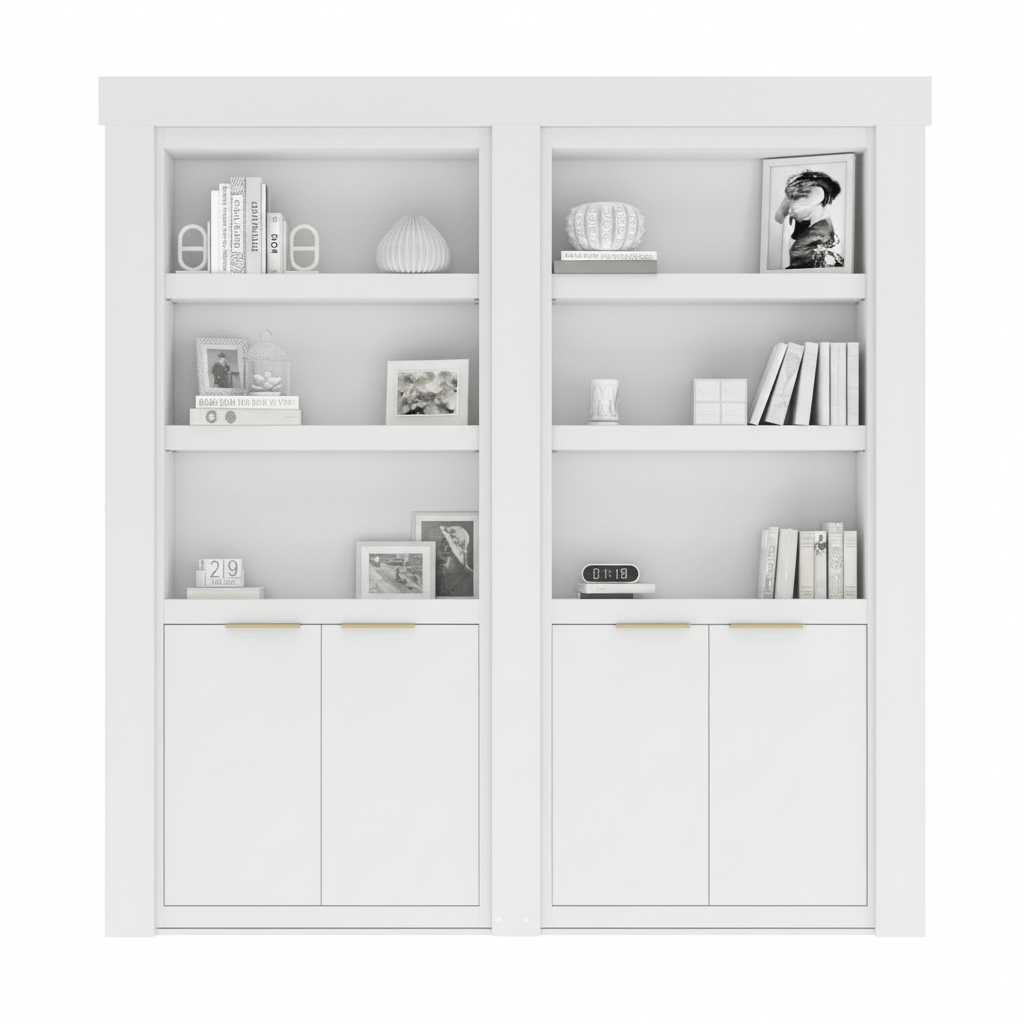 White Murphy Door® hidden bookcase with open shelves displaying decor & books, and lower closed cabinets.
