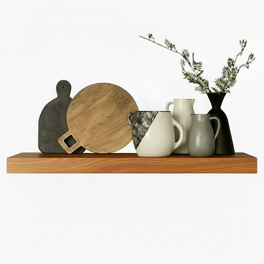 Murphy Door® wooden floating shelf displaying cutting boards, ceramic pitchers, and a vase with foliage.