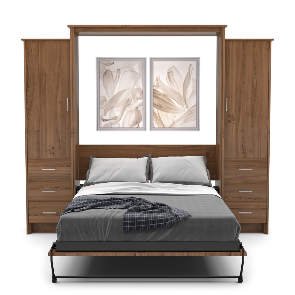King Murphy Bed down, warm brown slab cabinets with brushed nickel pulls, dark gray bedding, plaid throw, and two framed