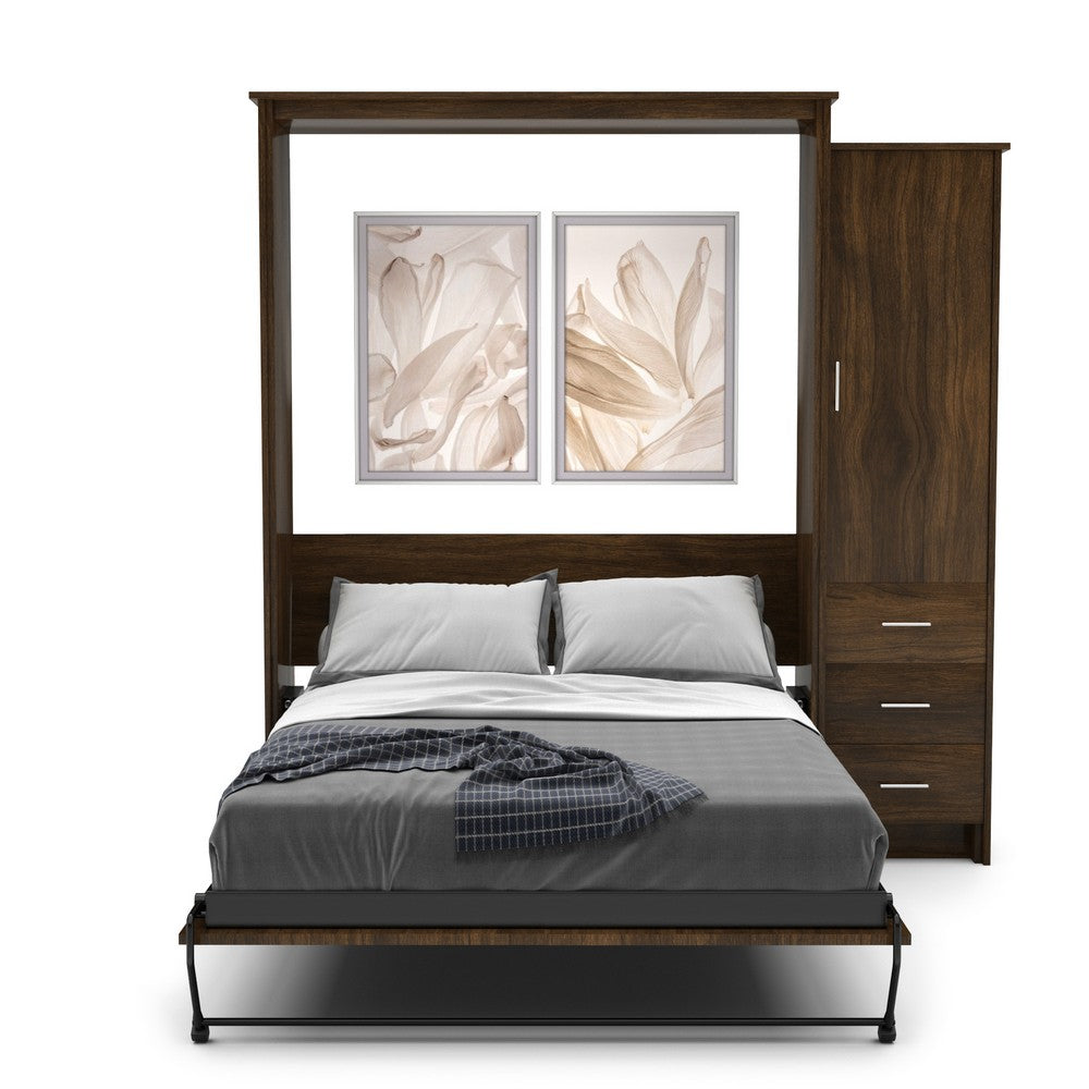 Murphy Door® wall bed with dark wood frame, built-in storage cabinet, and floral artwork above gray bedding.