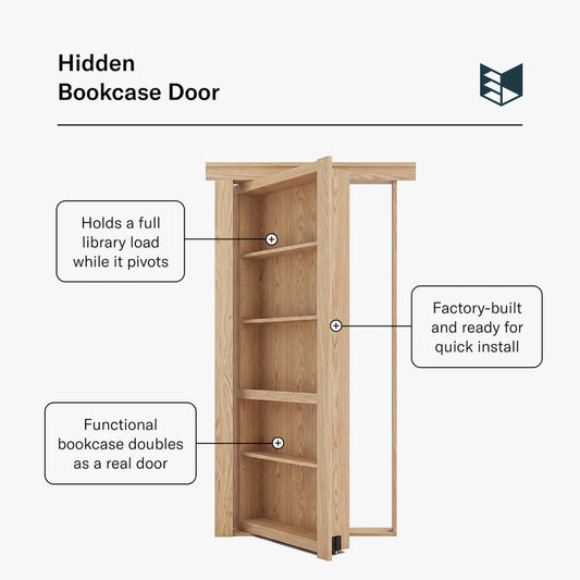 Murphy Door® Flush Mount Hidden Bookcase Door, functional natural wood bookcase door, pivots, holds library load.