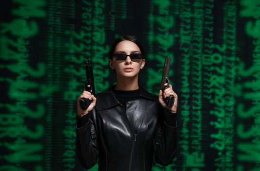 Matrix style woman with guns in hands