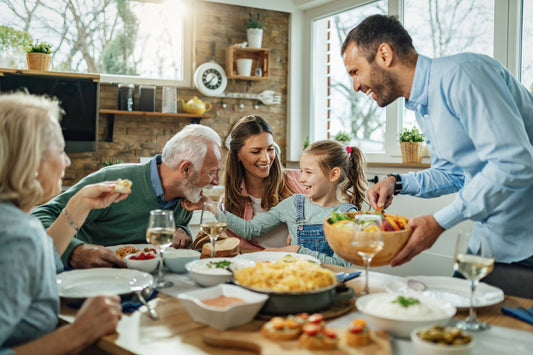 family enjoying dinner in a well-organized dining room