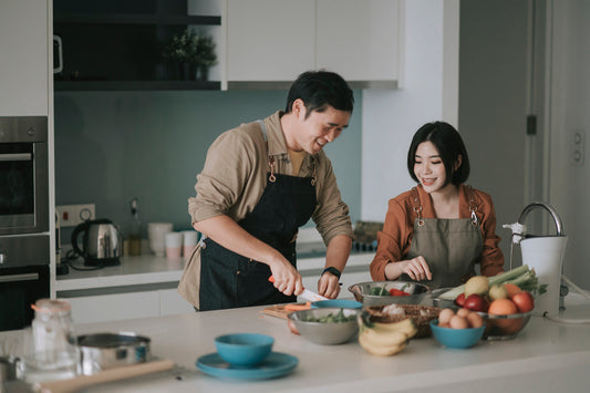 couple cooking in an organized modern kitchen