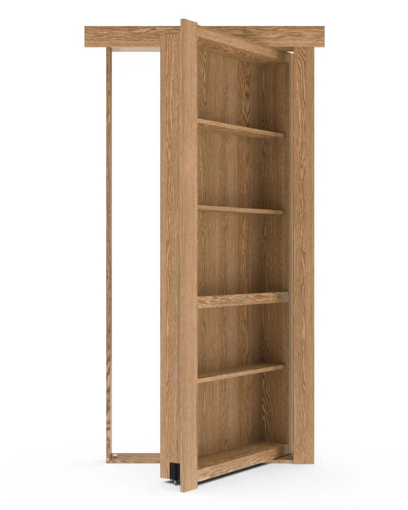 Murphy Door® hidden oak bookshelf door in light wood finish with multiple shelves, shown partially open to reveal passage.