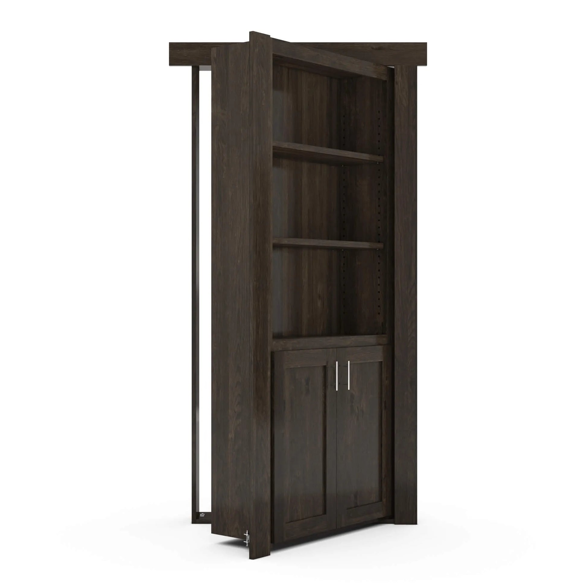 Murphy Door® dark wood bookcase hidden door with adjustable shelving and cabinet storage, partially opened on hinges.