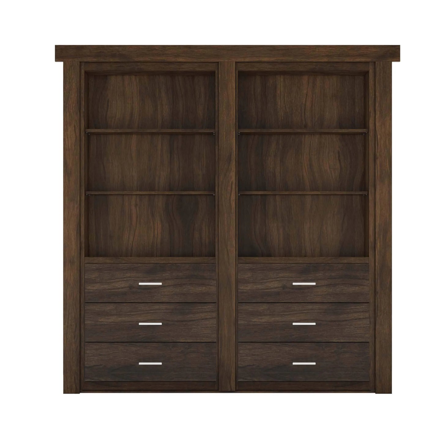 Murphy Door® dark walnut bookcase with three shelves and six drawers, featuring modern silver hardware and rich wood grain finish.