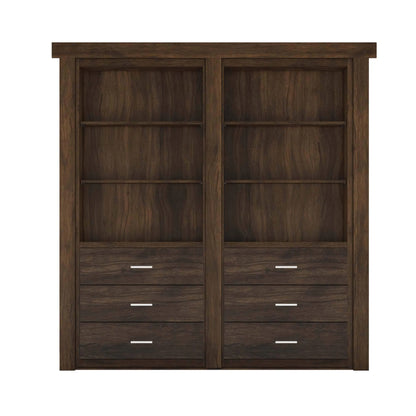 Murphy Door® dark walnut bookcase with three shelves and six drawers, featuring modern silver hardware and rich wood grain finish.