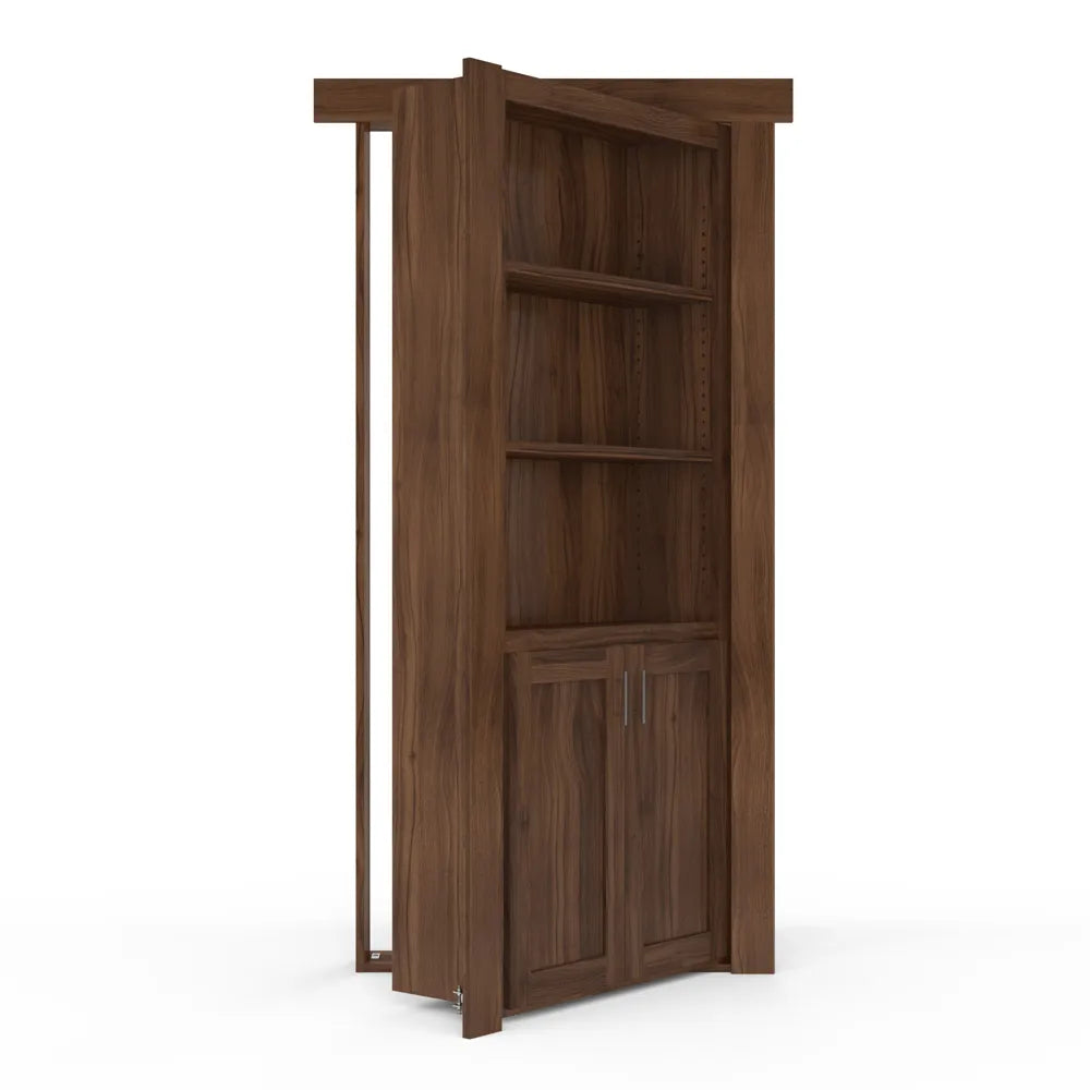 Murphy Door® wooden bookcase hidden door in walnut finish with three shelves and cabinet storage, shown partially open.