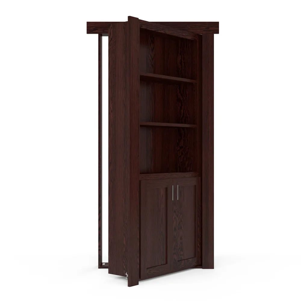 Murphy Door® dark wood bookcase hidden door with three open shelves and cabinet storage at bottom, partially ajar.