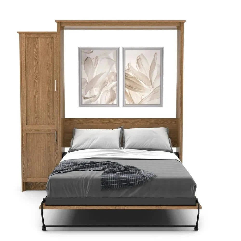Murphy Door® light oak wall bed with integrated cabinet, dark gray bedding & abstract art.