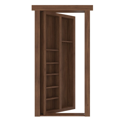 Murphy Door® wooden bookcase hidden door in walnut finish, partially open to reveal built-in shelving and secret room entrance.